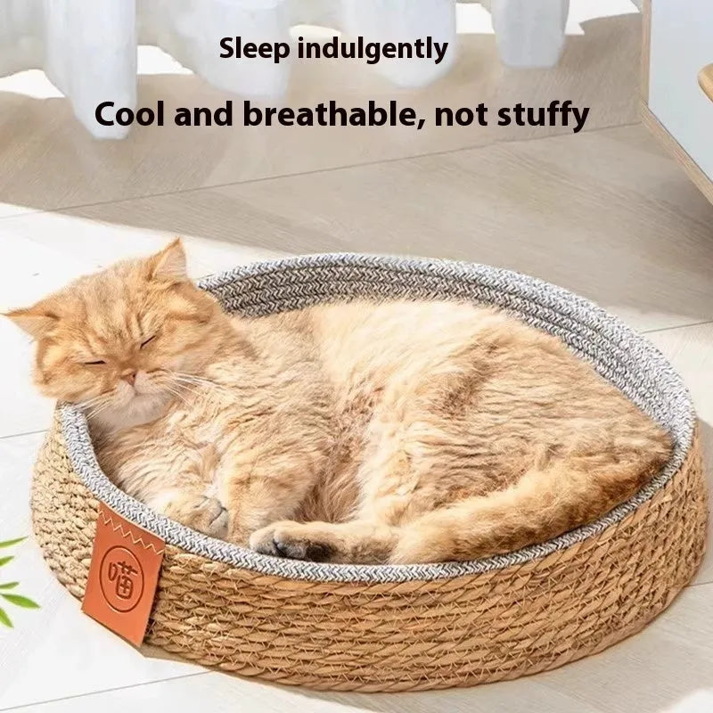 Natural woven rattan cat nest bed available in S, M, L, and XL sizes