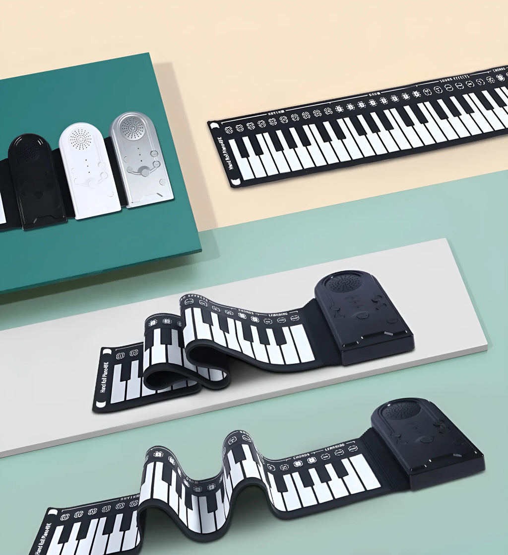 Pearlescent white portable folding electronic keyboard with 49 silicone keys, shown both rolled and unrolled.