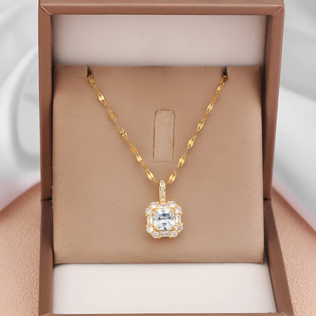 Women's geometric titanium steel clavicle necklace with gemstone-inlaid pendant on a water wave chain.