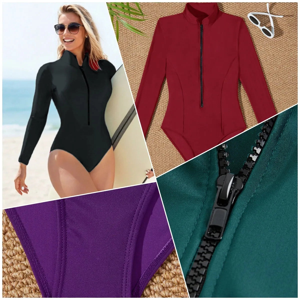 Women's outdoor sports long sleeve triangle one-piece swimsuit in black, printed pattern, backless style