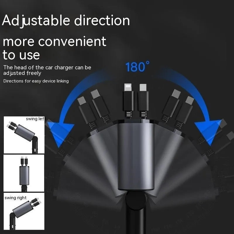 Automatic retractable cable car charger plugged into a vehicle cigarette lighter socket.