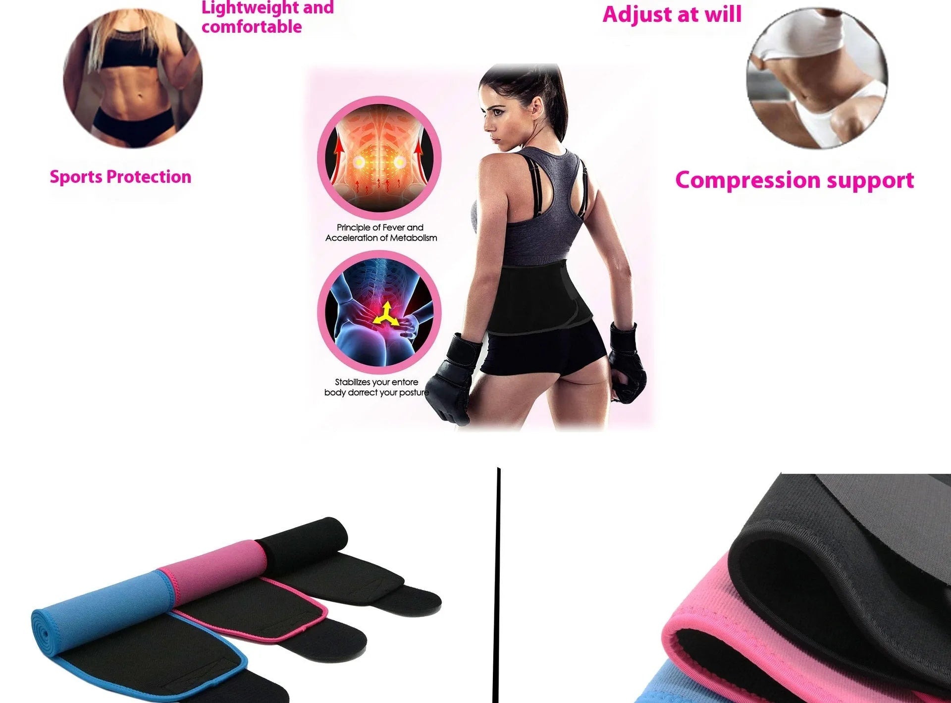 Black neoprene lumbar support belt for fitness and sport waist protection.