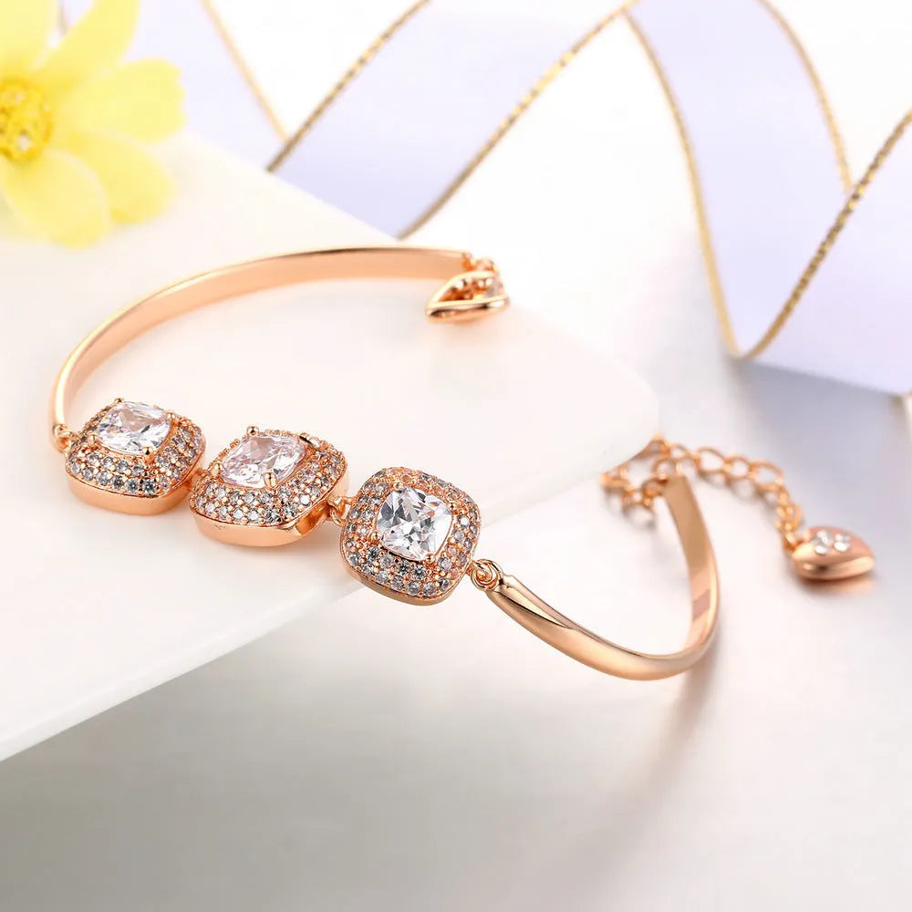 Square rock candy full diamond women's bracelet in rose gold gold-plated copper geometric design