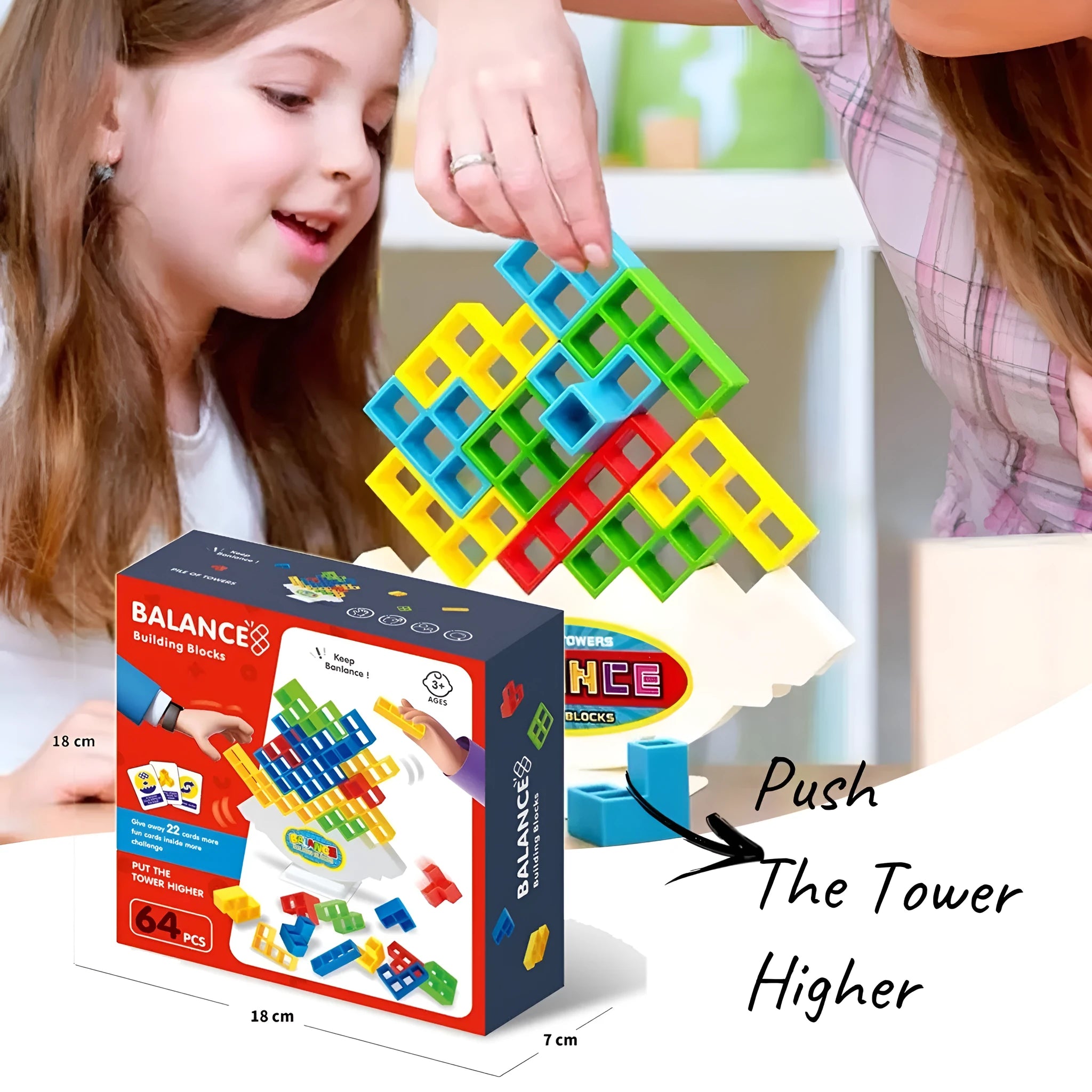 Plastic balance stacking game with 16 colourful building blocks on chassis for children aged 3+