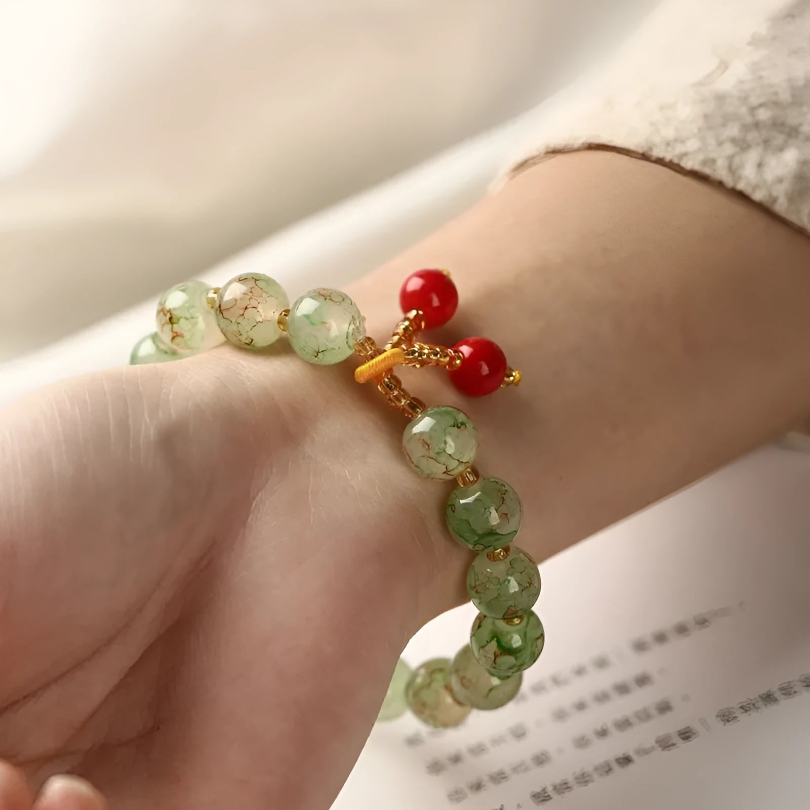 Women's ceramic woven bracelet with geometric crystal beads in five colours: brown, green, light blue, pink, purple