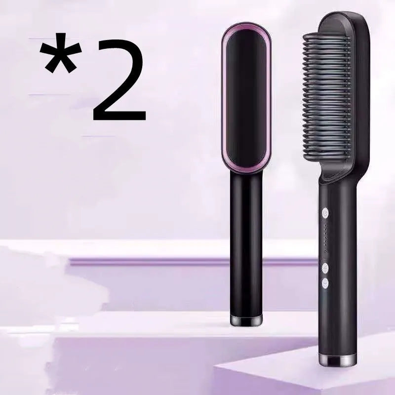 Red and black dual-function 2-in-1 hair straightener and curling tong hot comb on a white background