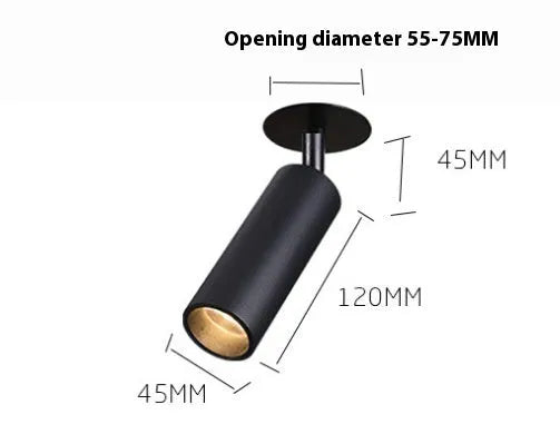 Black and white embedded cylinder LED spotlight for track lighting with selectable power and colour temperature settings.