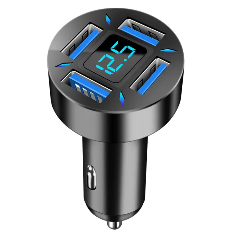 Four-port USB car charger with LED digital voltage display showing 12V.