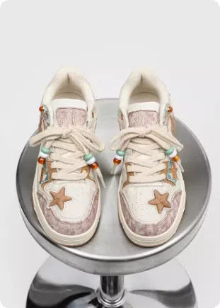 High-end platform sneakers with star pattern in pink, lace-up fabric upper, sizes 36-44