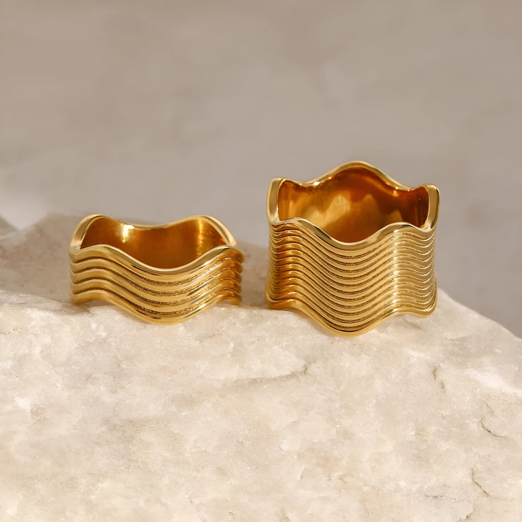 Stainless steel geometric wave ring with wide surface and Korean-style design