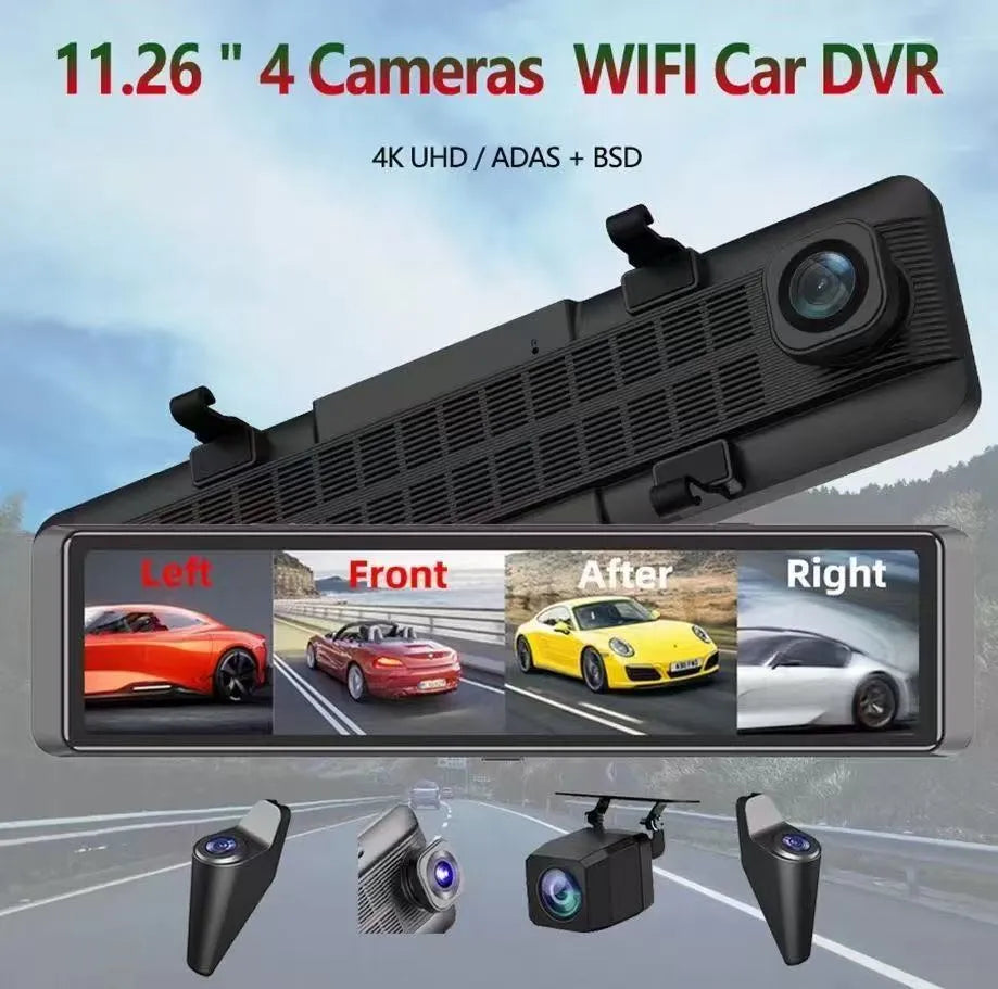 12-inch full-screen 4K streaming rearview dash cam with blind zone warning and multi-lens cameras in black finish