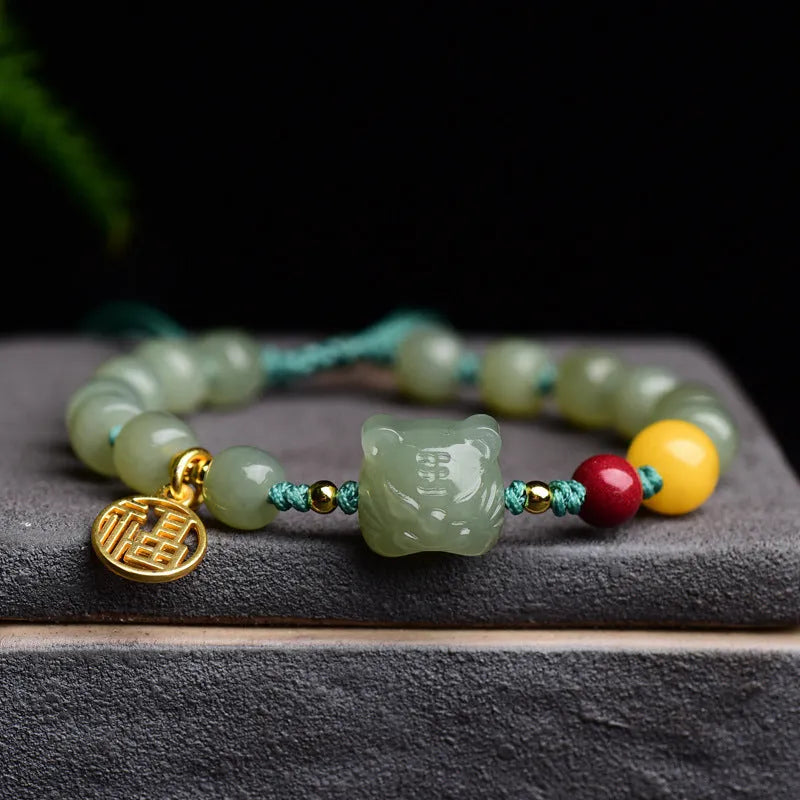 Natural Hetian jade bracelet with cinnabar and beeswax beads, animal zodiac modelling