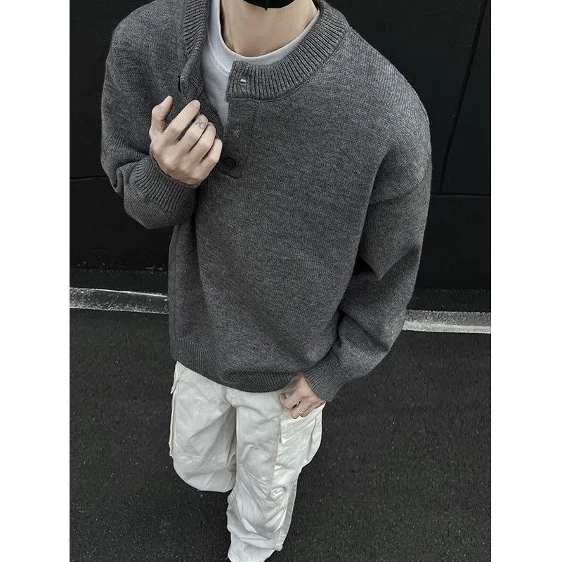 Men's loose fit long sleeve polyester knit sweater in black, Hong Kong style pullover