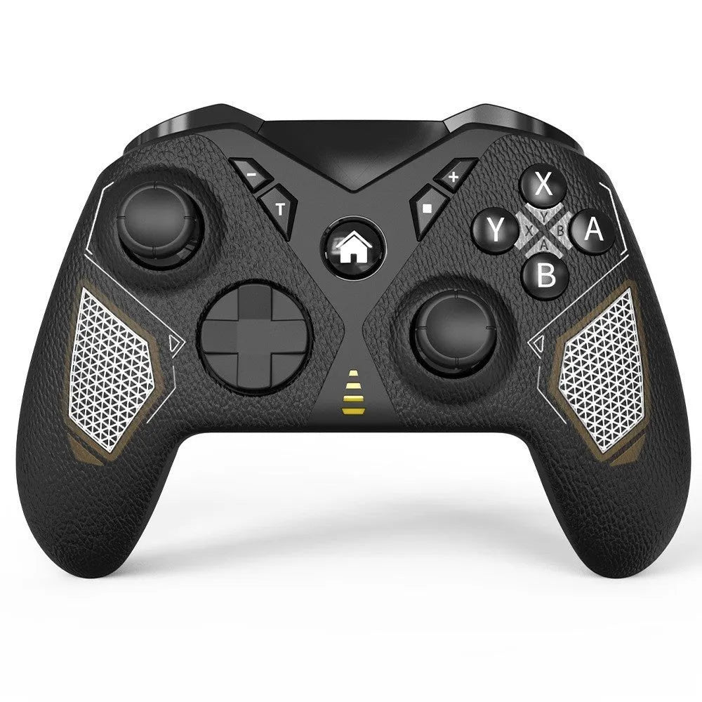 Black wireless game controller with ergonomic handles and leather-like texture, shown with Type-C cable