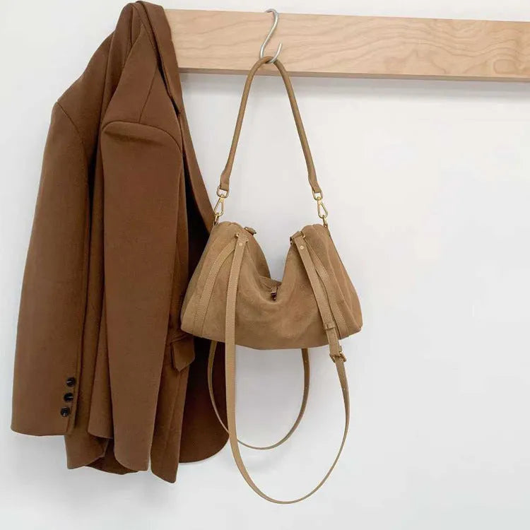 Vintage matte cowhide Boston bag, genuine leather, horizontal square shape, khaki colour, 34x16x21cm