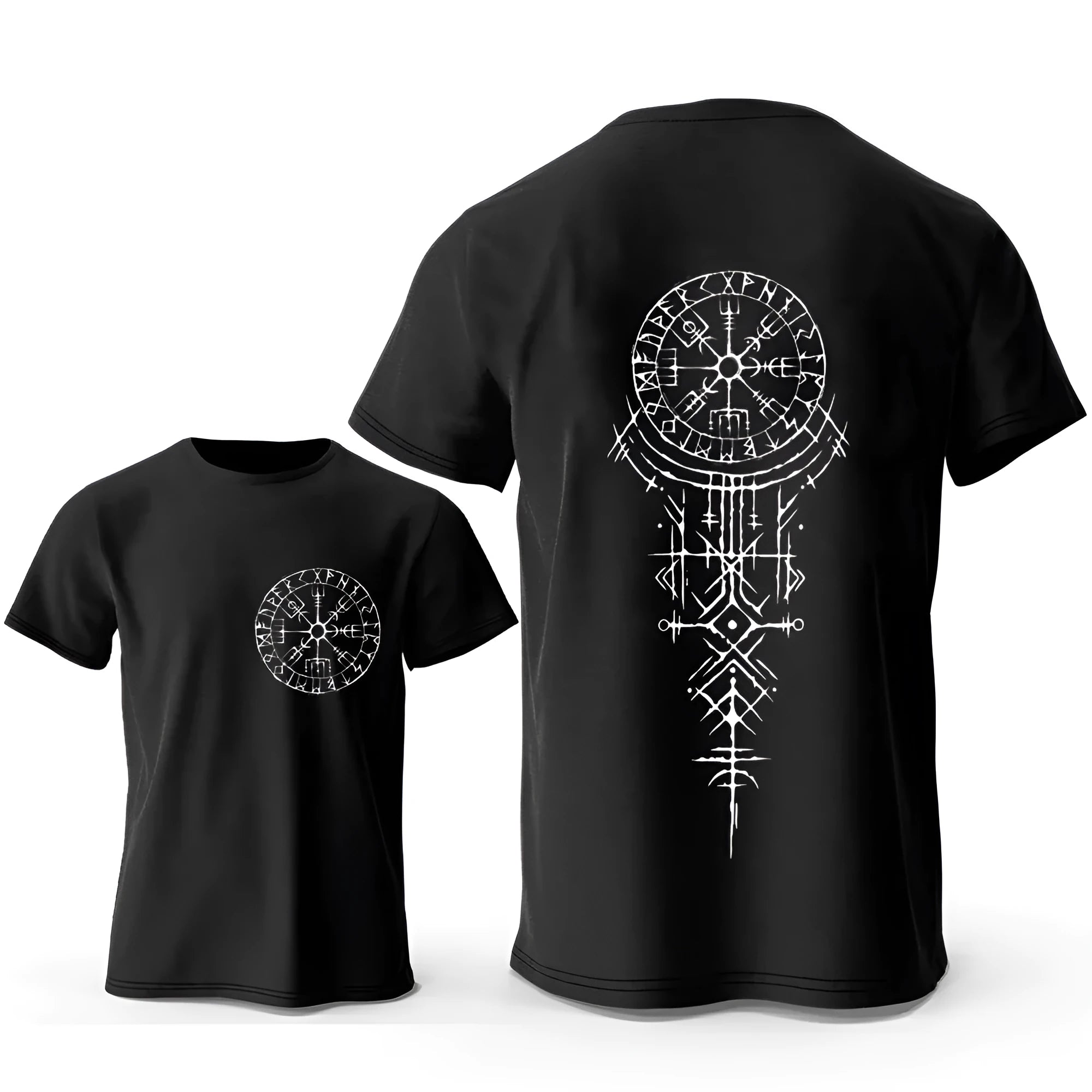 Men's grey Viking rune compass graphic printed on a cotton T-shirt, showing front design.