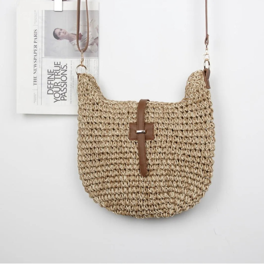 Beige handmade woven shoulder bag with sewing thread details and sandwich pocket