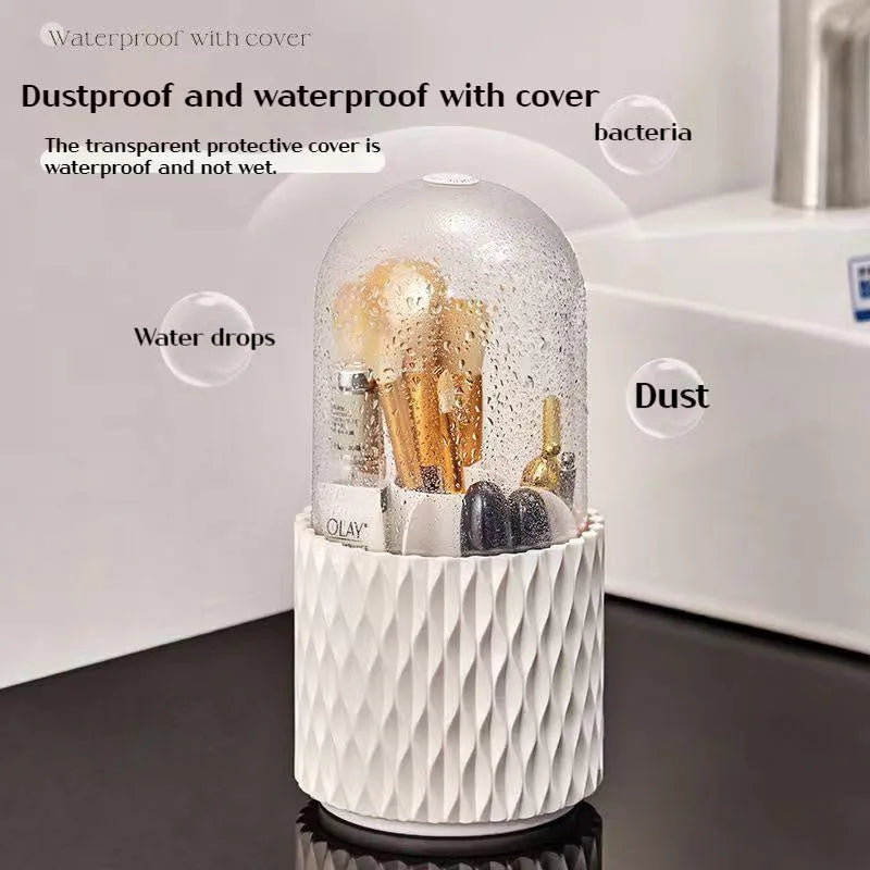 White transparent rotating makeup brush storage box with lid and split compartments