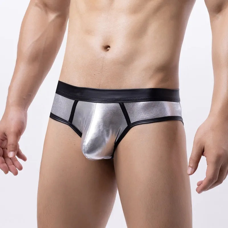 Men's gold patent leather colour bikini swim briefs with low-waist body-shaping fit