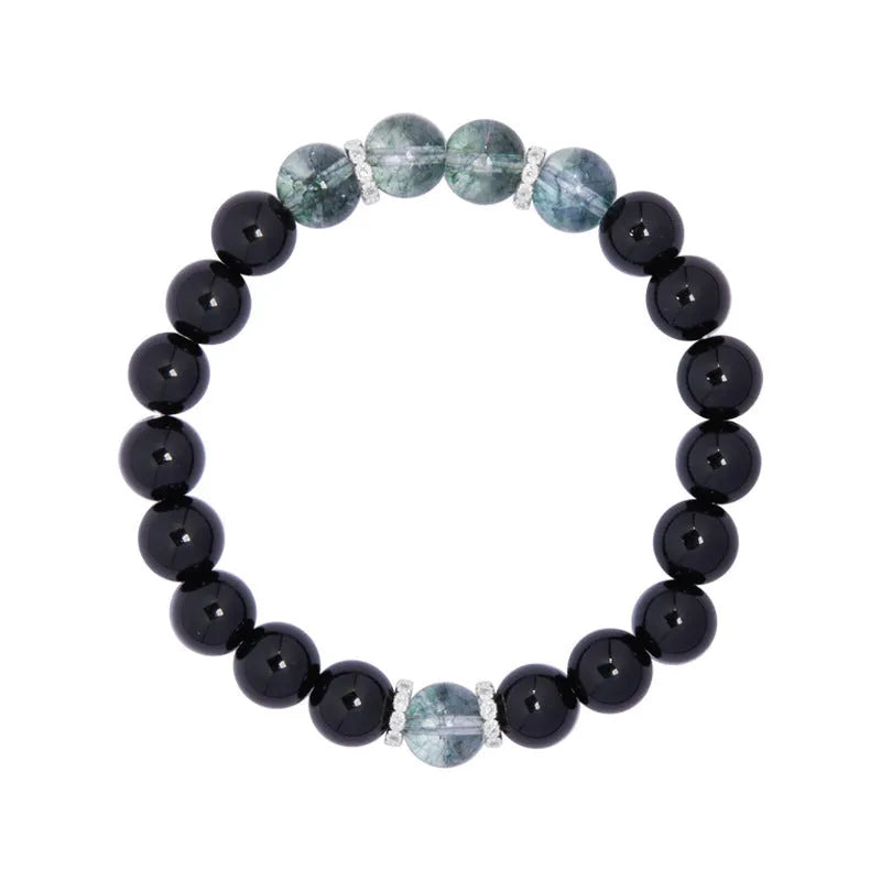 Chinese style black geometric bead bracelet with sterling silver components on wrist