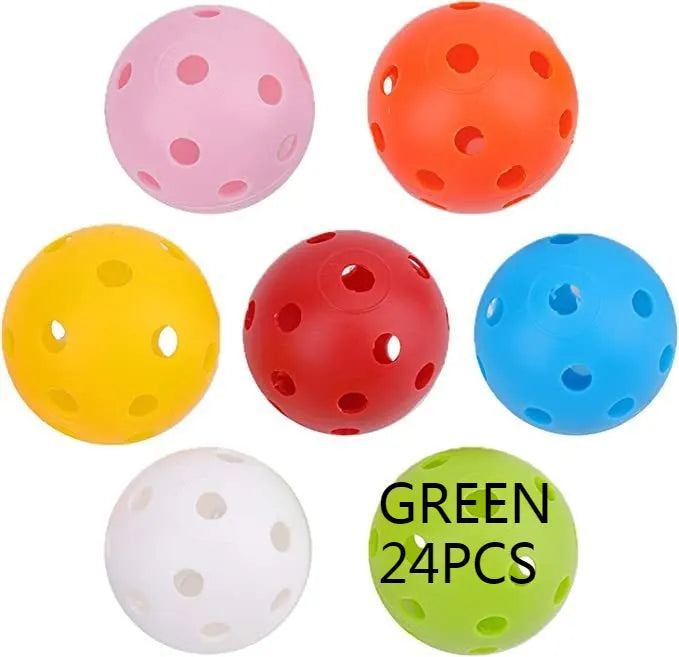 Multi-colour 42mm polyethylene golf practice balls in a net bag.
