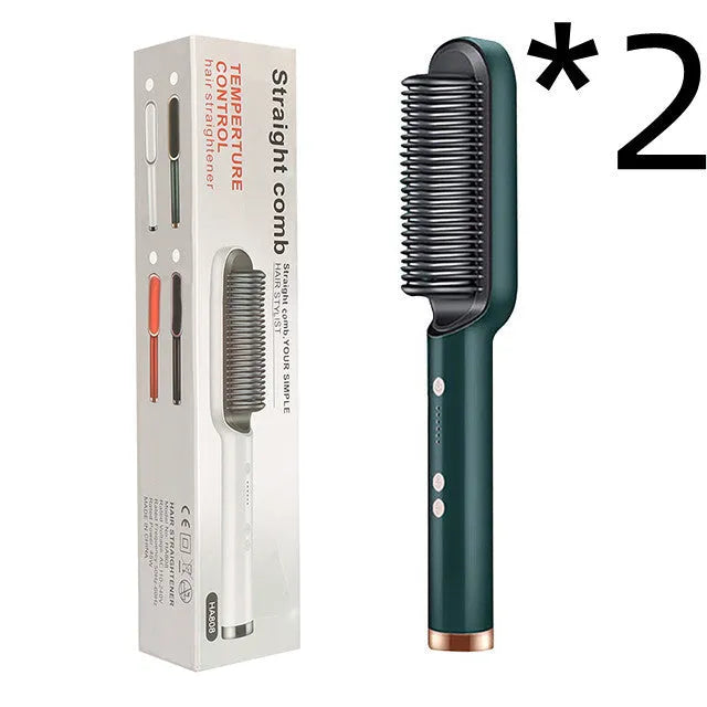 Red and black dual-function 2-in-1 hair straightener and curling tong hot comb on a white background