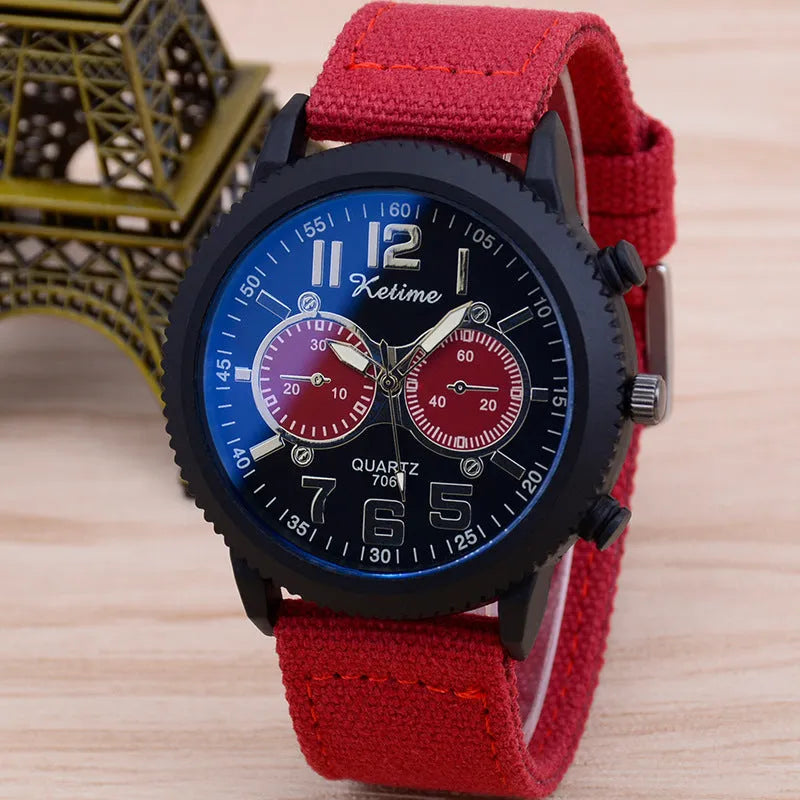 Men's fashion wristwatch with cloth band, quartz movement, 48mm zinc alloy dial, pointer display