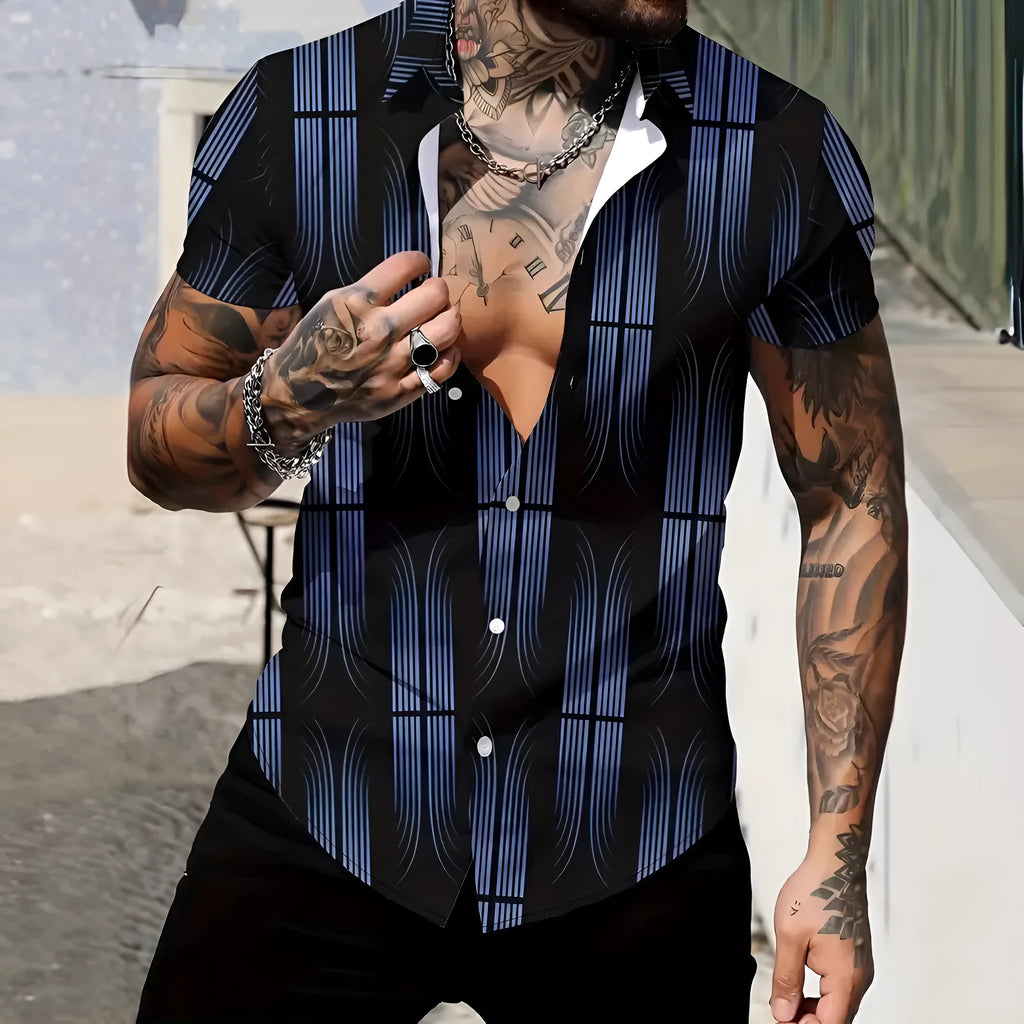 Men's slim fit geometric print lapel shirt in polyester for summer.