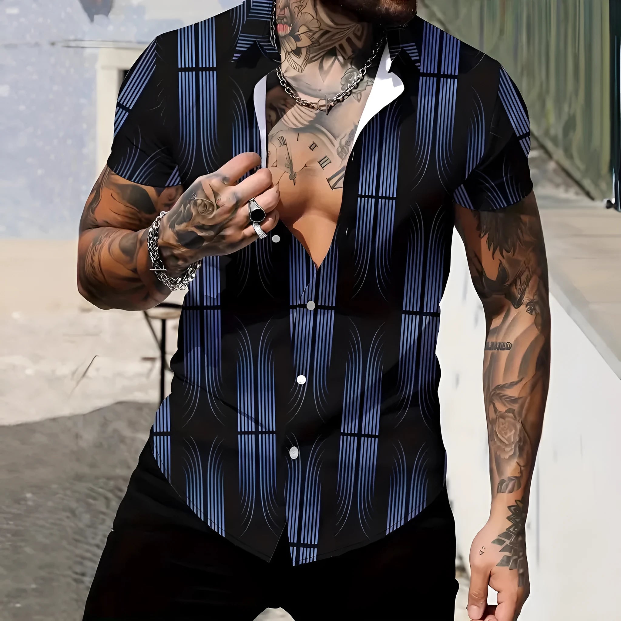 Men's slim fit geometric print lapel shirt in polyester for summer.