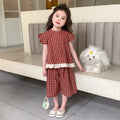 Girls' red plaid cotton two-piece set with shirt and pants, pullover style, for heights 90cm to 140cm