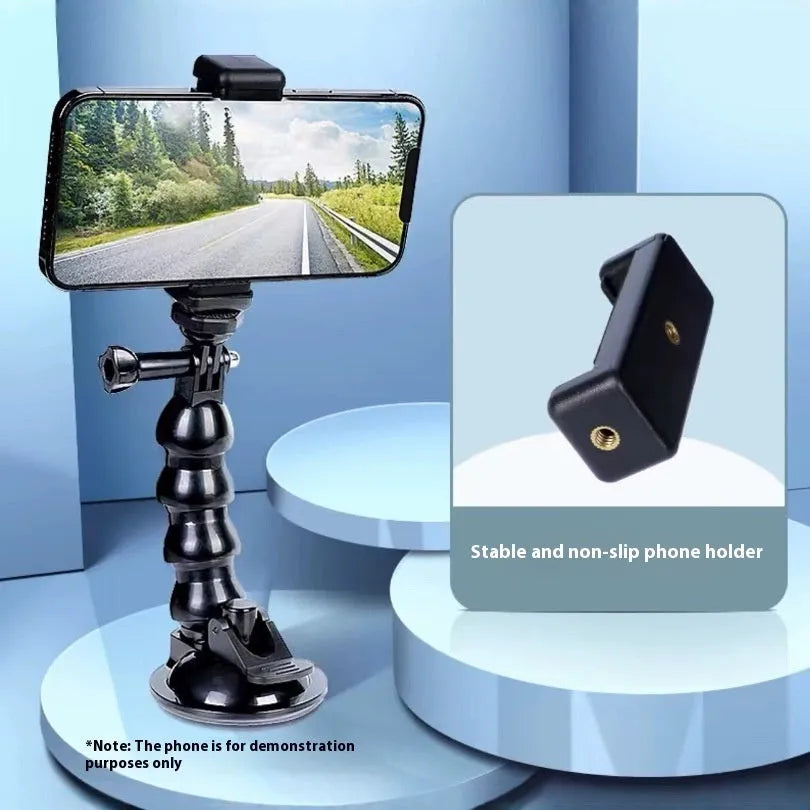 Black plastic car shooting bracket mobile phone holder with seven-section support frame for stable phone holding.