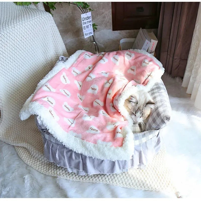 Thick lamb fleece pet dog blanket soft flannel cat cushion in blue on a wooden floor