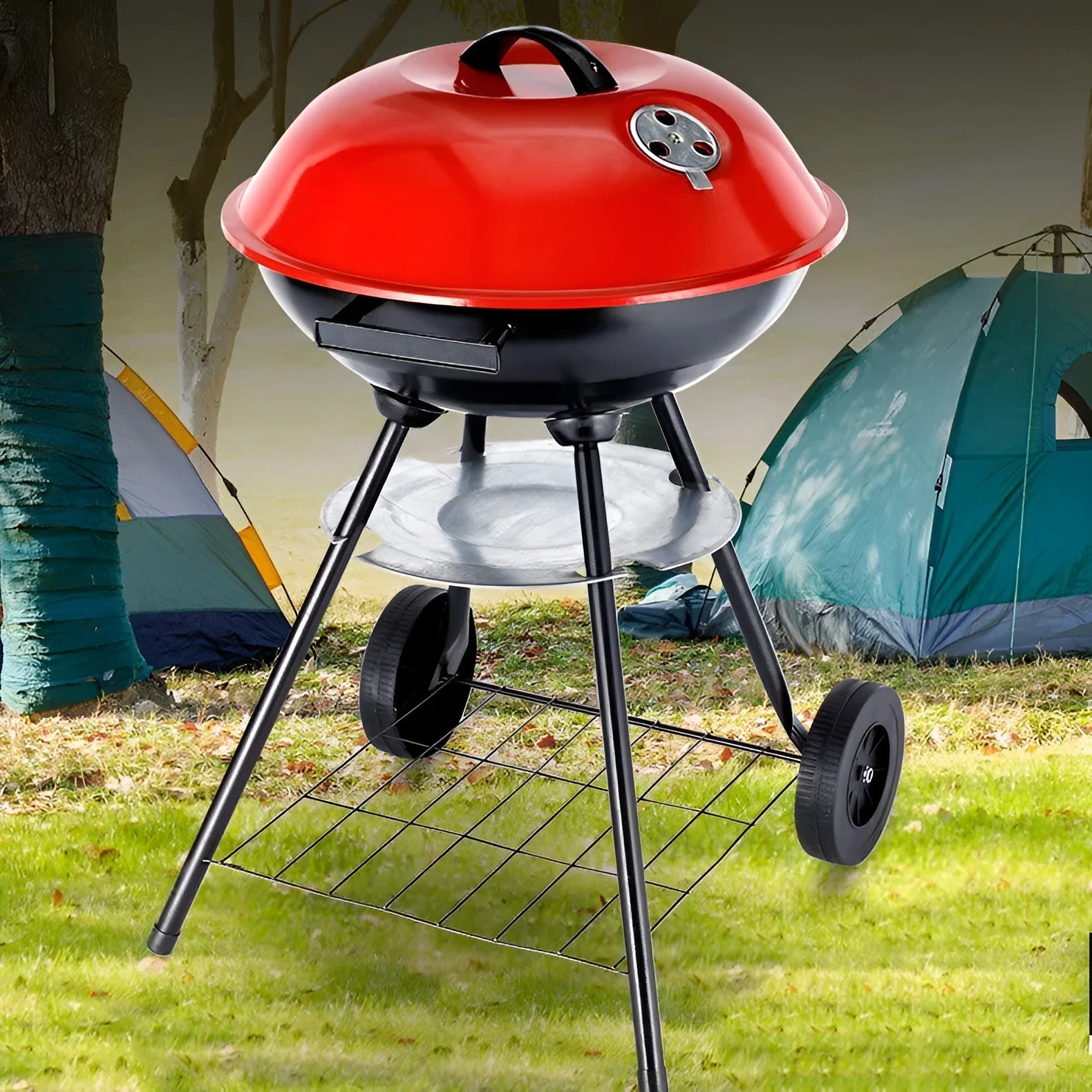 Portable minimalist 14-inch iron barbecue oven grill on a table.