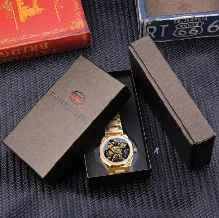 Mechanical automatic watch for men with skeleton dial, stainless steel case, genuine leather band, 41mm