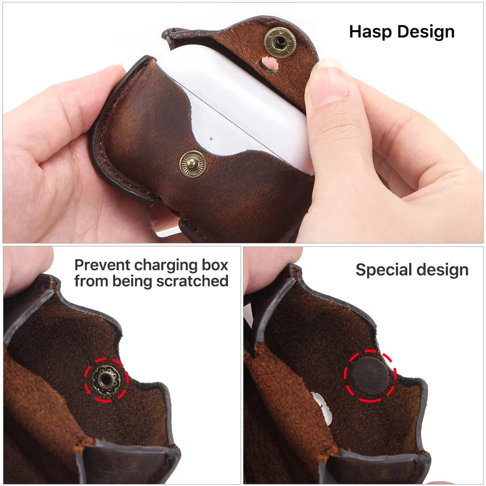 Genuine leather vintage clamshell case for AirPods Pro in brown with a crazy horse pattern texture.