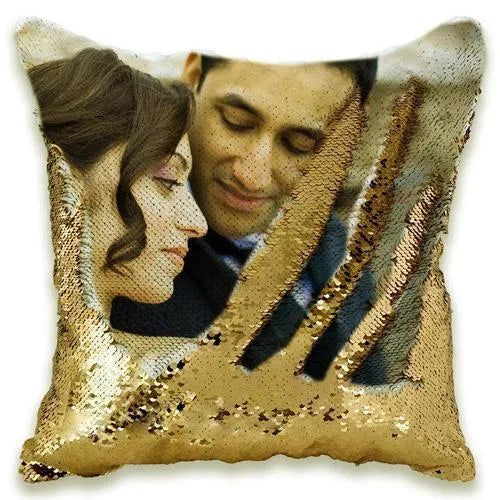 Custom photo sequins throw pillowcase 40x40cm gold front with personalised picture