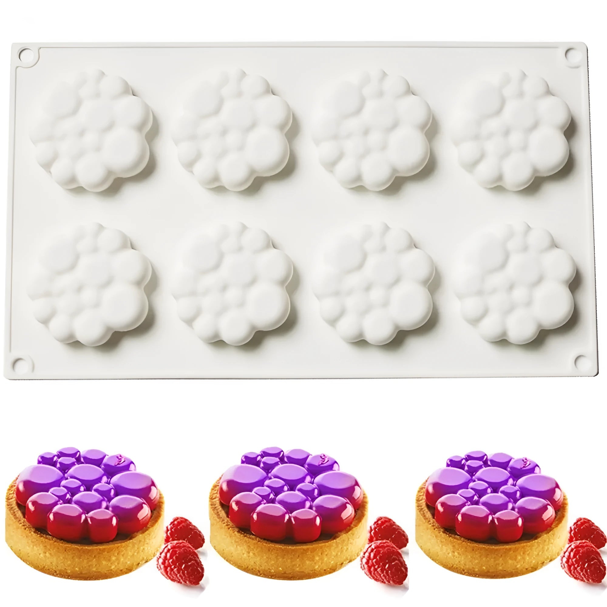 Round silicone cake mould with bubble tower pattern showing 8 raised decorative bubbles