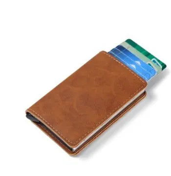 PU automatic card holder with RFID blocking, aluminium alloy metal texture, slim 95mm design in brown