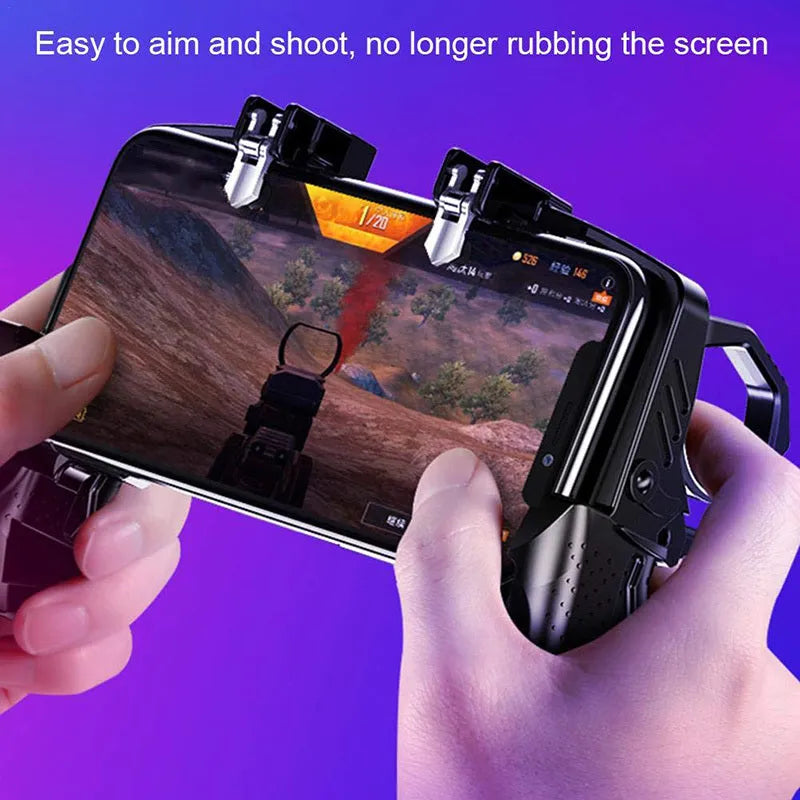 Black multi-function gamepad controller with integrated mobile phone holder for smartphones.