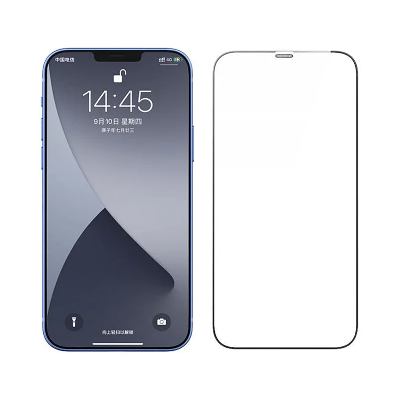 iPhone tempered glass screen protector with privacy dustproof net film showing full coverage on iPhone
