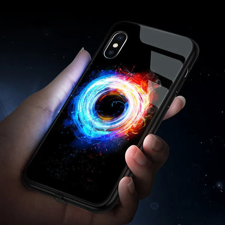 Tempered glass iPhone case with LED light show, featuring Cool Lightning design, showing voice control and music sync functionality.