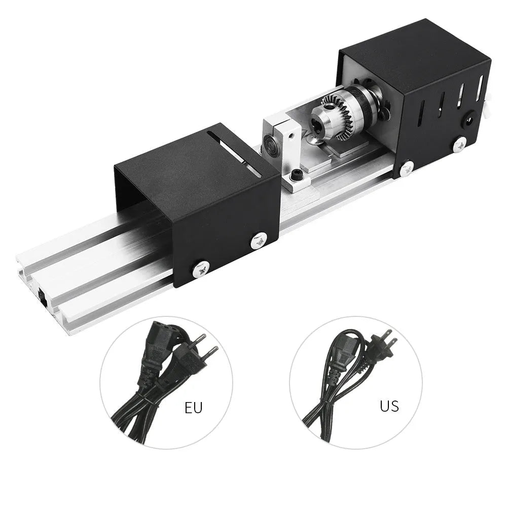Mini manual woodworking lathe with silver metal construction and six carving knives
