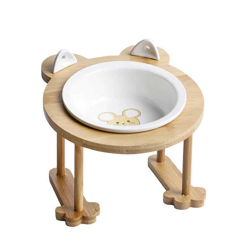 Ceramic cat bowl with bamboo rack on non-slip base, 15° tilt angle for comfortable feeding