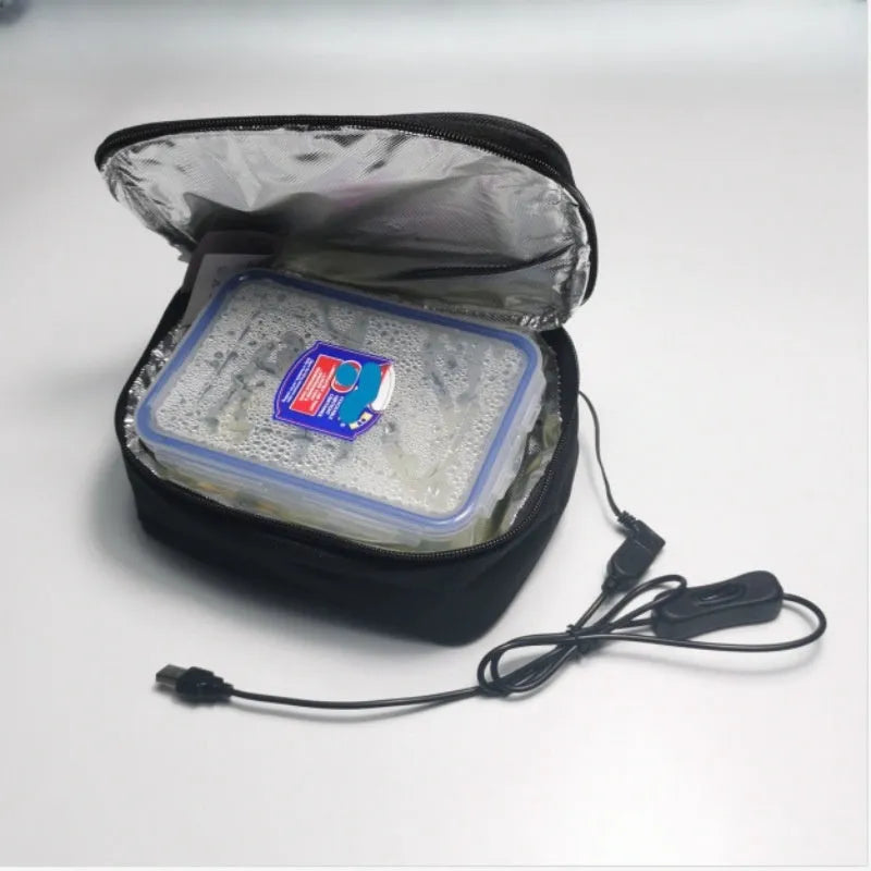 Black USB heating thermal lunch bag with Oxford cloth material and car power adapter