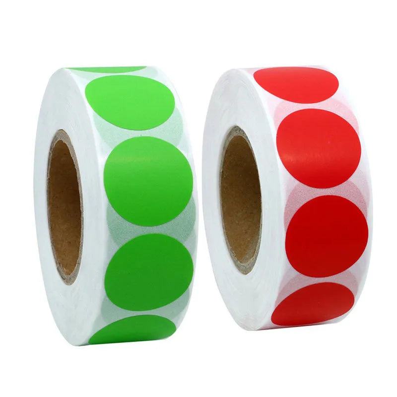 Roll of 500 chroma label colour code point stickers, each 2.5cm, in ten colours with standard permanent glue
