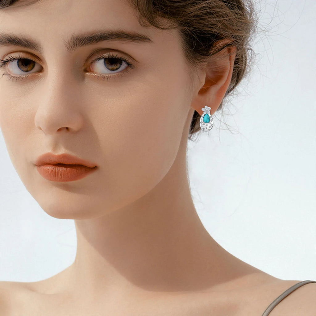 Turquoise cherry blossom 925 sterling silver stud earrings with cubic zirconia, white gold plated