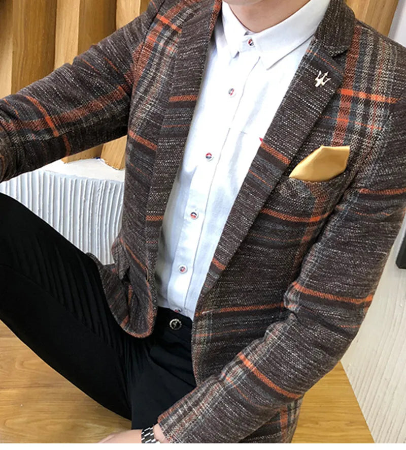 Men plaid slim fit polyester blazer in coffee colour with lapel collar and two-button front