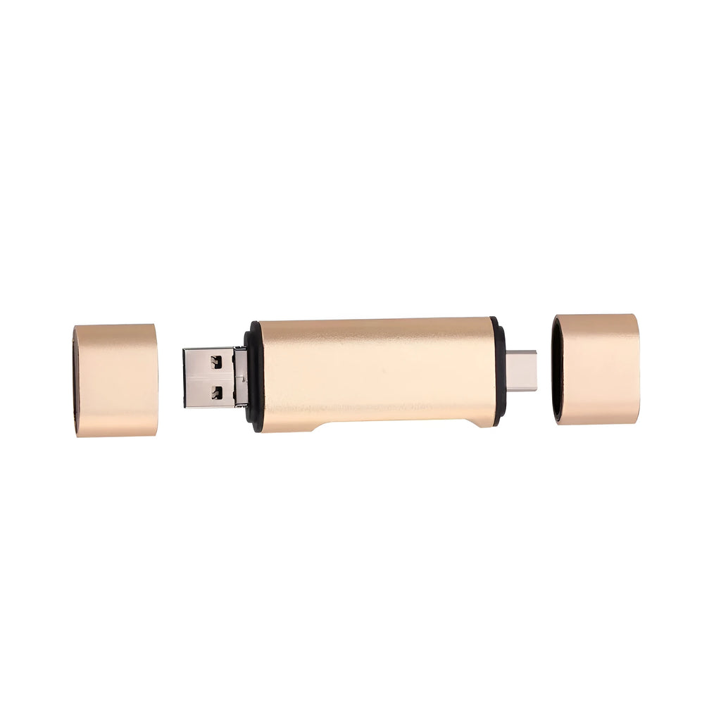 USB MICRO TYPE-C card reader for TF and SD memory cards in golden and silvery aluminium alloy