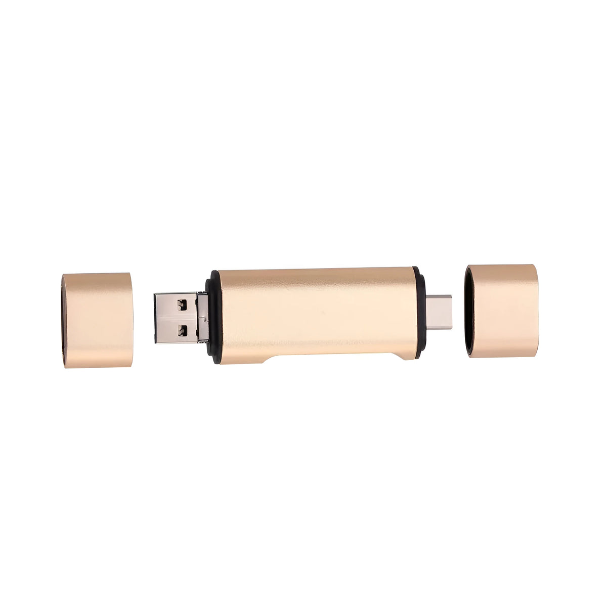 USB MICRO TYPE-C card reader for TF and SD memory cards in golden and silvery aluminium alloy