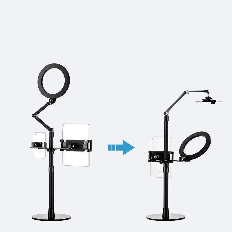 Black aluminium alloy floor standing mobile tablet holder with integrated LED fill light in folded position